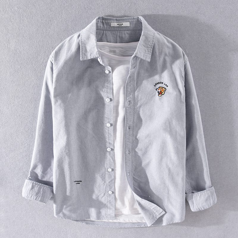 9379日系休闲长袖衬衫男士春夏虎头刺绣全棉打底上衣简约衬衣外套