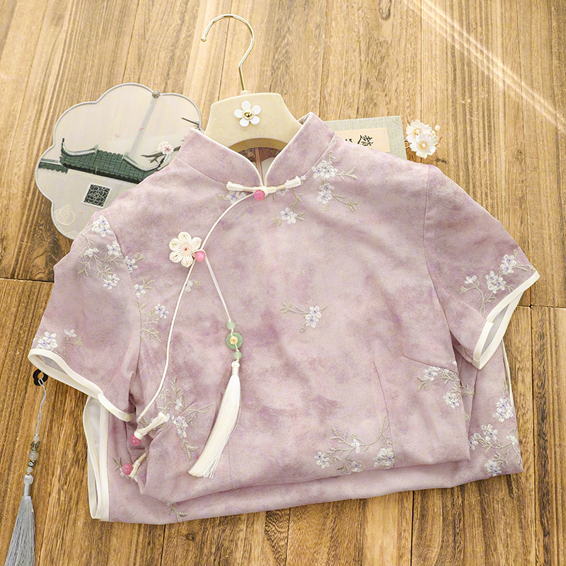 俏娘鱼2025年春季新款改良新中式淑女范紫色复古短袖旗袍日常可穿