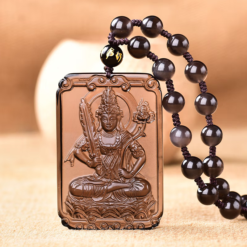 天然黑曜石吊坠虚空藏菩萨属牛属虎生肖本命佛守护神吊坠男女项链