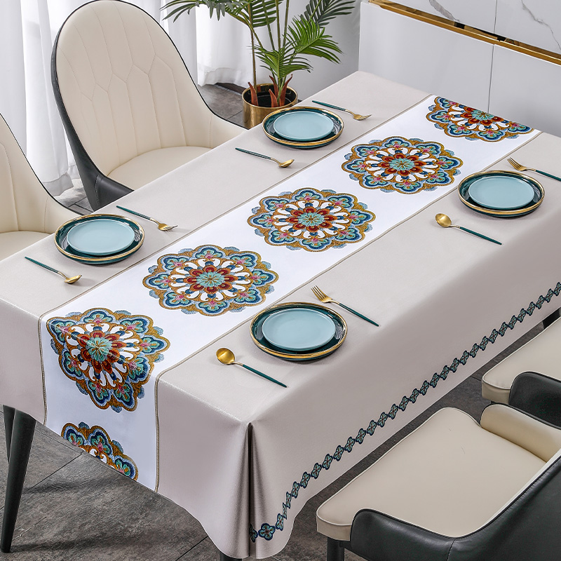 精致绣花新款中式餐桌桌布防油防水防烫免洗长方形台布椭圆桌茶几