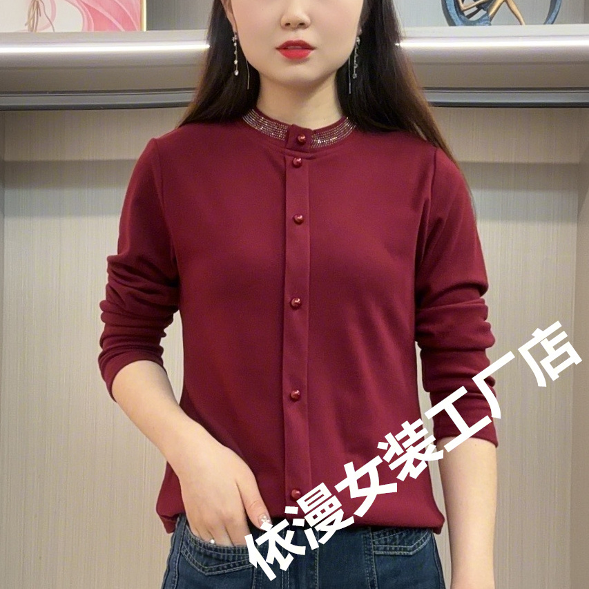 加厚双面绒秋冬圆领打底衫红色长袖显瘦洋气时尚百搭遮肉纯色烫钻