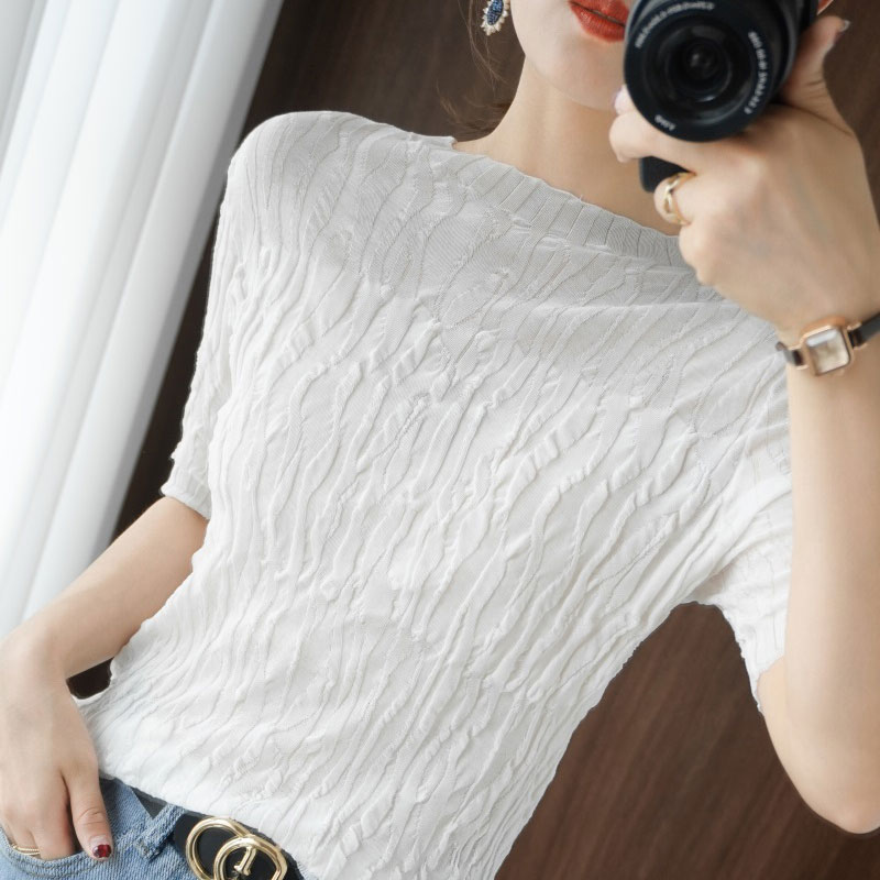 半高领休闲新款褶皱上衣背心五分袖纯棉针织纹理T恤薄女短袖夏季