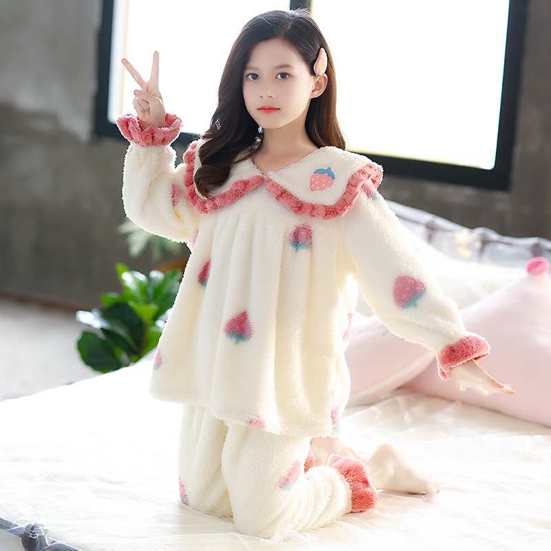 女童套装保暖法兰绒冬季款中大童家居服加厚加绒睡衣1633
