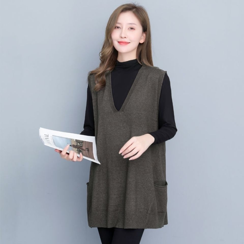 V领针织背心马甲女春秋宽松小众复古大码毛衣无袖大口袋马夹坎肩