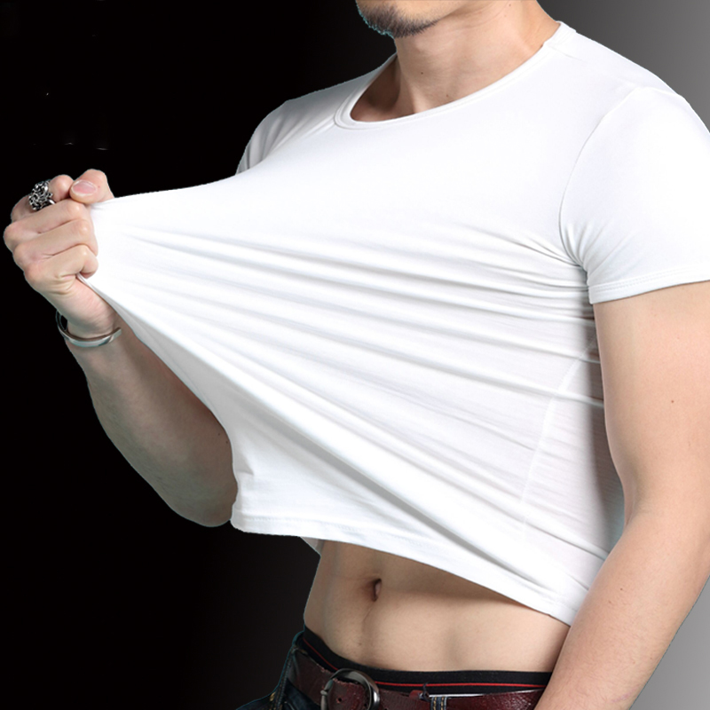 2件】弹力透气圆领短袖t恤男纯色修身打底衫半袖紧身夏季白色体恤