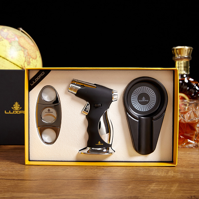 LUXFO雪茄工具套装3件套送礼专用雪茄剪刀防风打火机搭配烟灰缸