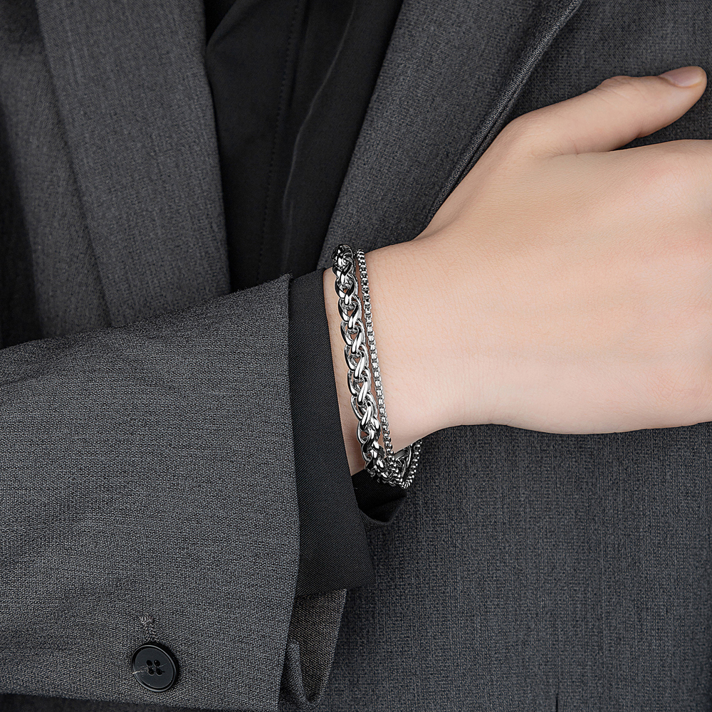 钛钢手链 韩版双层手链男款ins风龙骨手链情侣个性潮流百搭男士