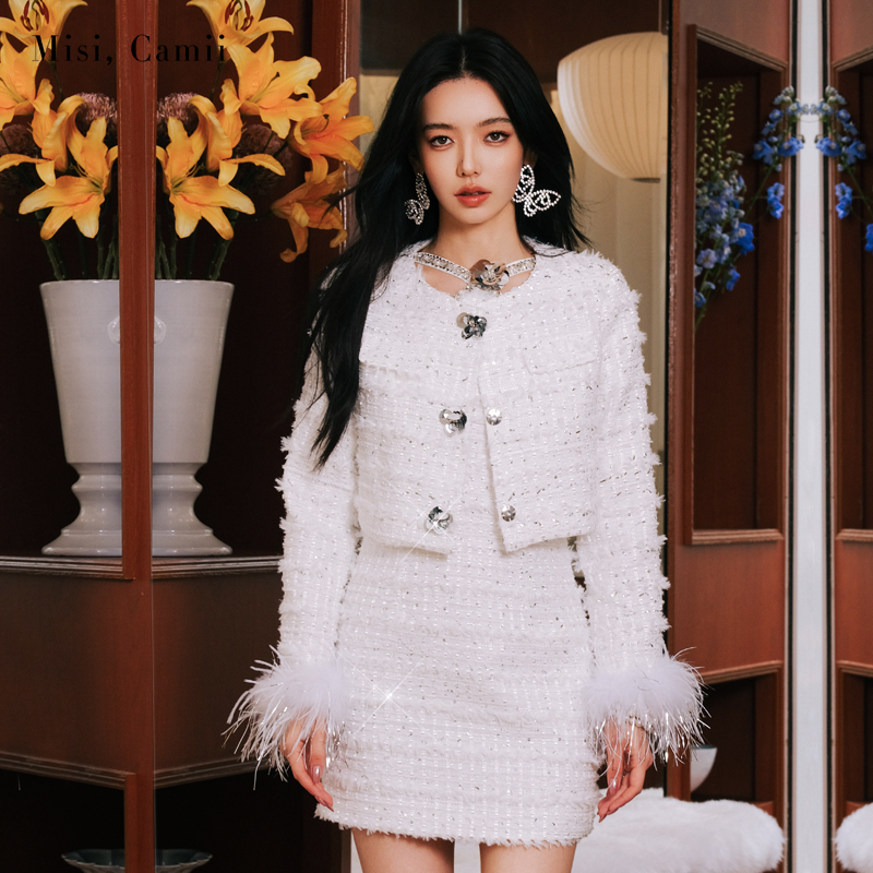 Misi,Camii秋冬新款女装名媛小香风珠片花羽毛袖花呢轻奢时尚套装