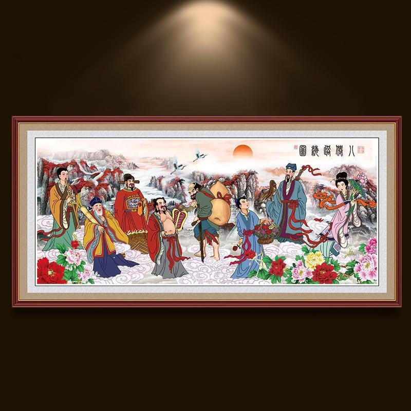 巢格八仙过海满绣新款全绣棉线大格中格古典人物刺绣3d客厅大气