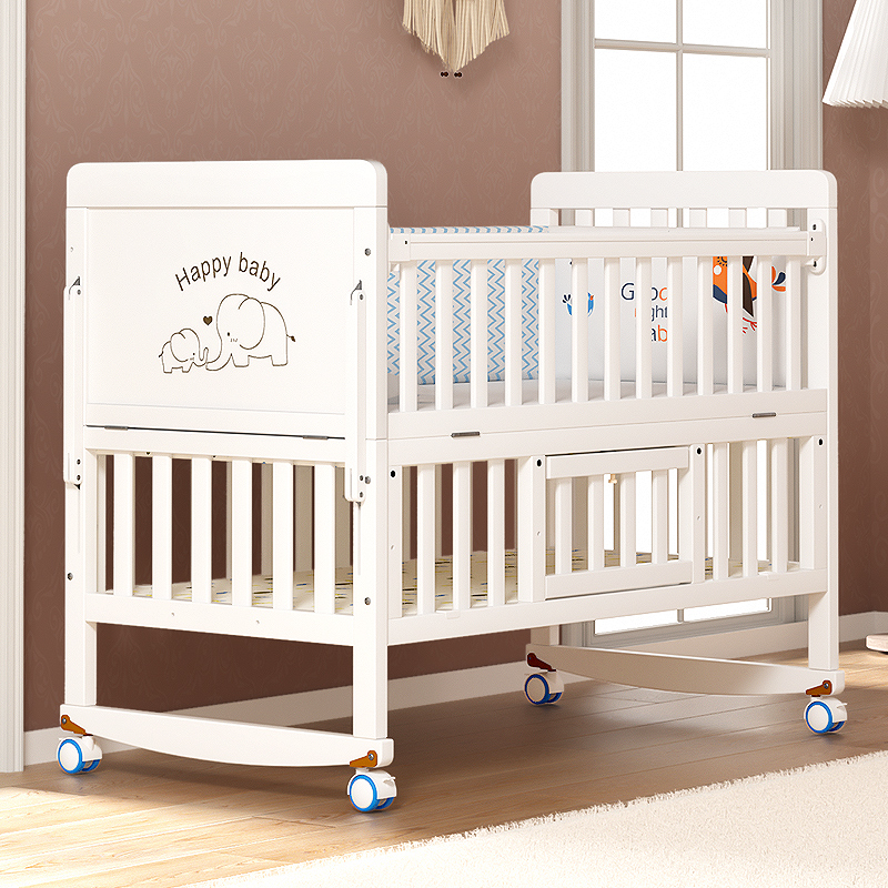 爱里奇白色实木欧式可移动新生儿宝宝多功能摇篮拼接大床拼接床