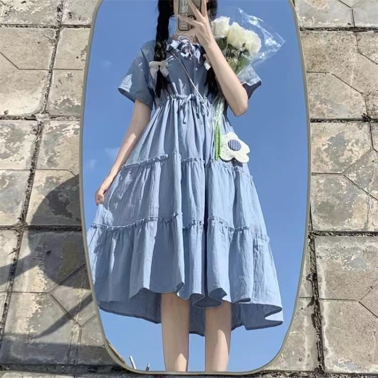 女大童连衣裙12岁女孩13初中少女15学生夏装日系软妹蓝色仙气长裙