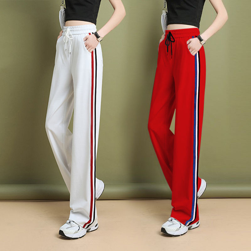 显瘦阔腿裤女高腰条纹直筒裤秋冬季加绒窄版白色运动宽松新款裤子