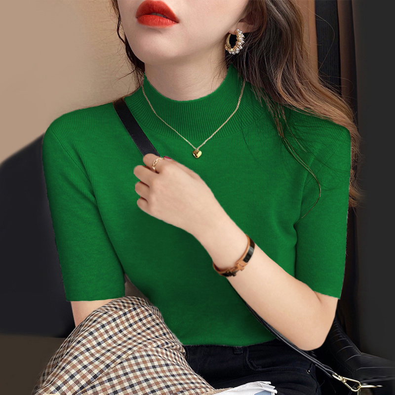 绿色半高领五分袖针织打底衫女春秋2025新款内搭中袖修身薄款上衣