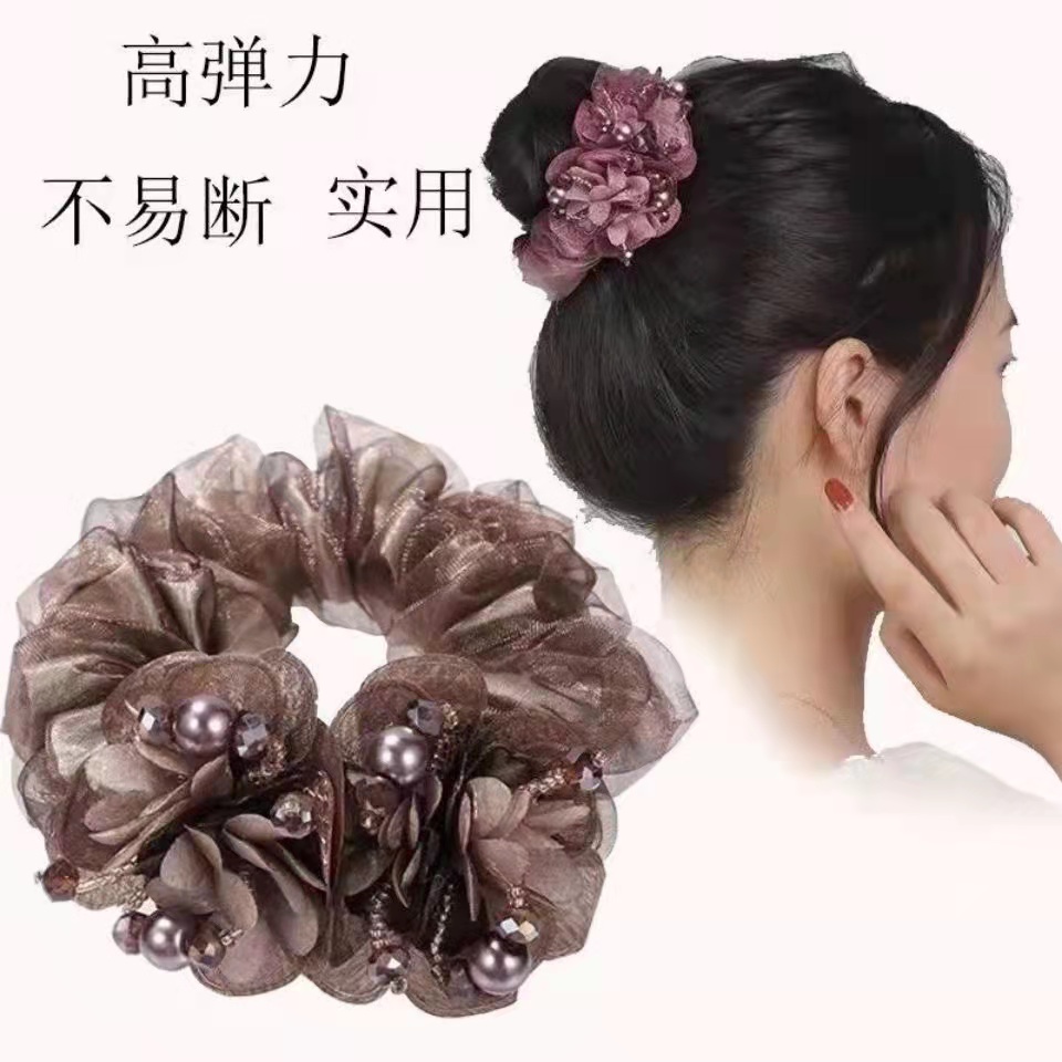 韩系欧根纱双花朵头饰头绳高弹力大肠发圈韩国发饰气质手工发圈