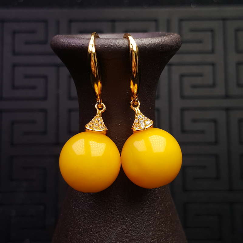 俄罗斯蜜蜡天然老蜜蜡耳环925银镶嵌鸡油黄蜜蜡耳环耳坠耳钩耳饰