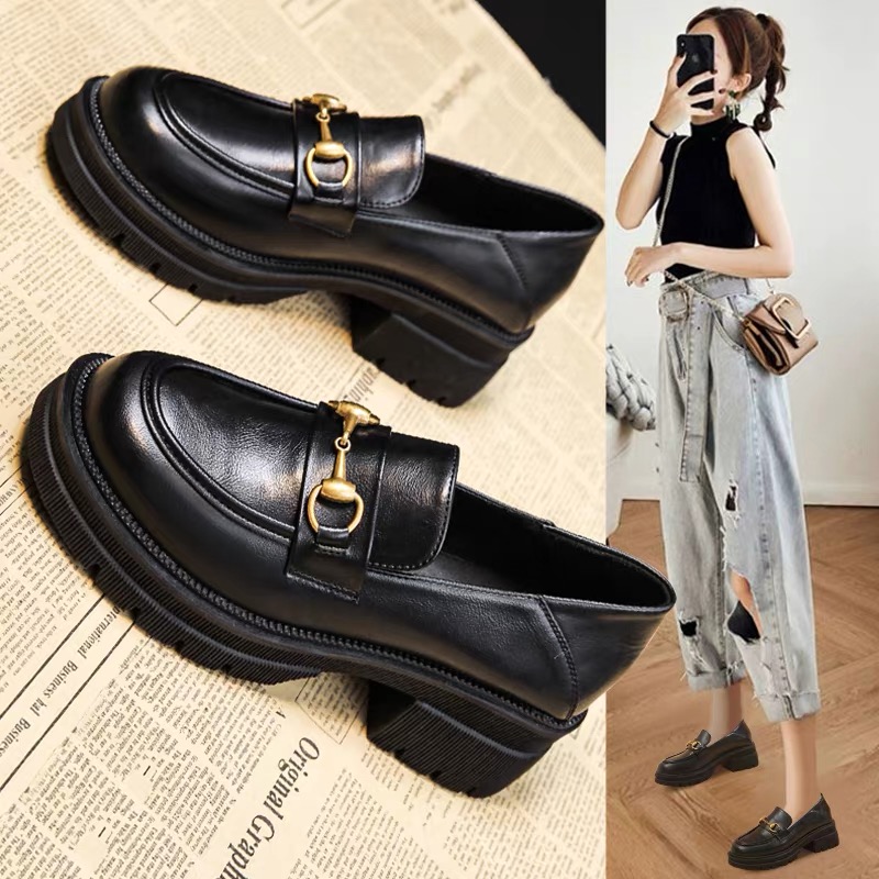 小皮鞋女鞋子2025年新款英伦风春秋冬季加绒厚底百搭乐福鞋松糕底