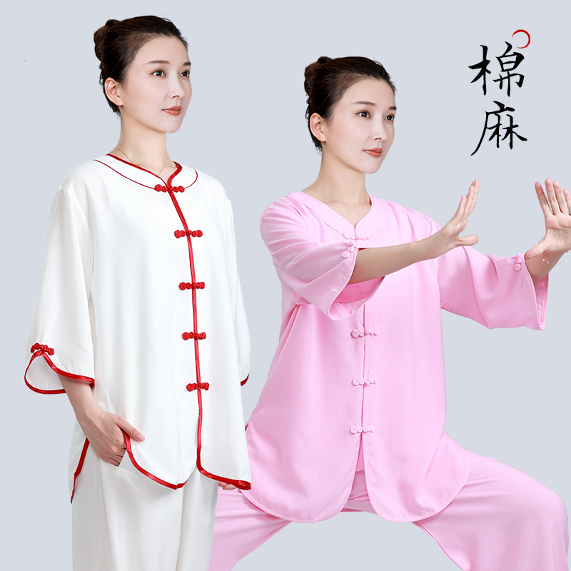 太极服装女新款洋气棉麻亚麻太极拳练功服太极服女夏季短袖