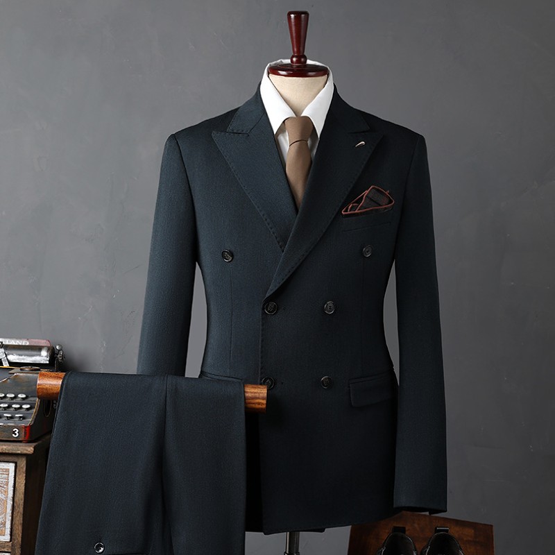 黑色西装套装男士大码修身双排扣西服职业商务休闲新郎结婚礼服男