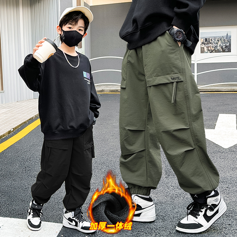 儿童装中大童男童秋冬季加绒休闲工装裤2024新款男孩加厚韩版长裤