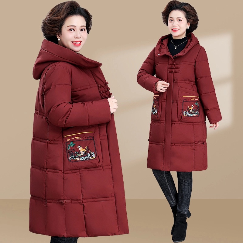中年妈妈秋冬外套2024新款保暖棉服长款过膝中老年女冬装棉袄大码