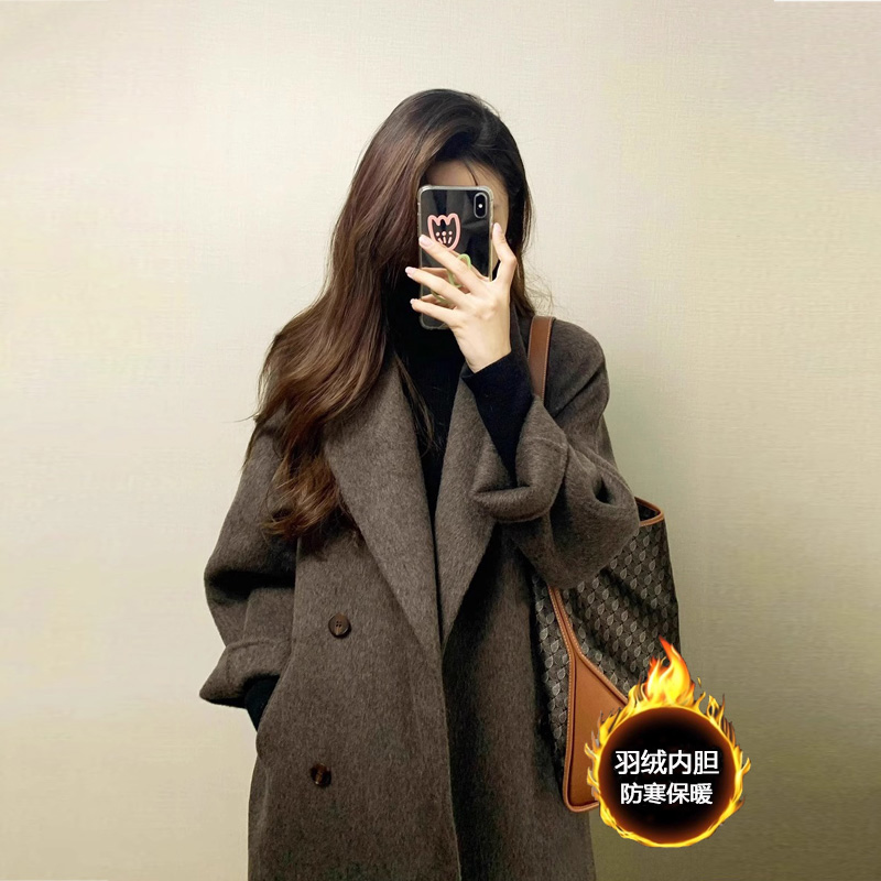 美拉德咖羽绒加厚内胆呢子大衣女小个子2025冬季双面呢毛呢外套女