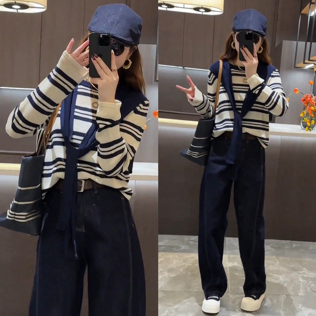 设计感披肩假两件条纹针织衫女2025秋季新款宽松高级感慵懒风上衣