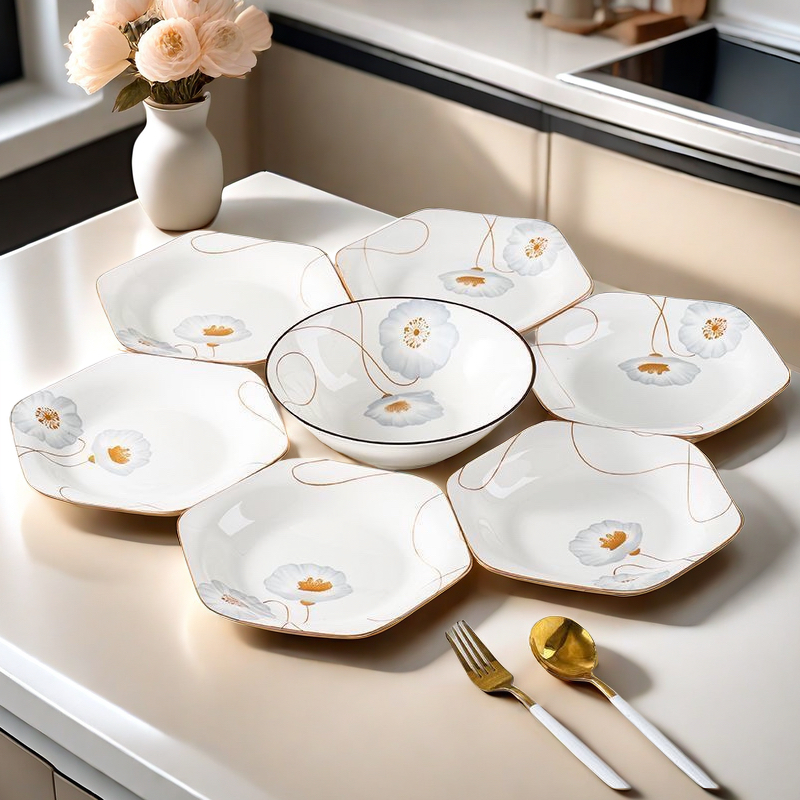 岁月静好六角拼盘6个装+1个8英寸汤碗陶瓷餐具套装创意拼盘家用