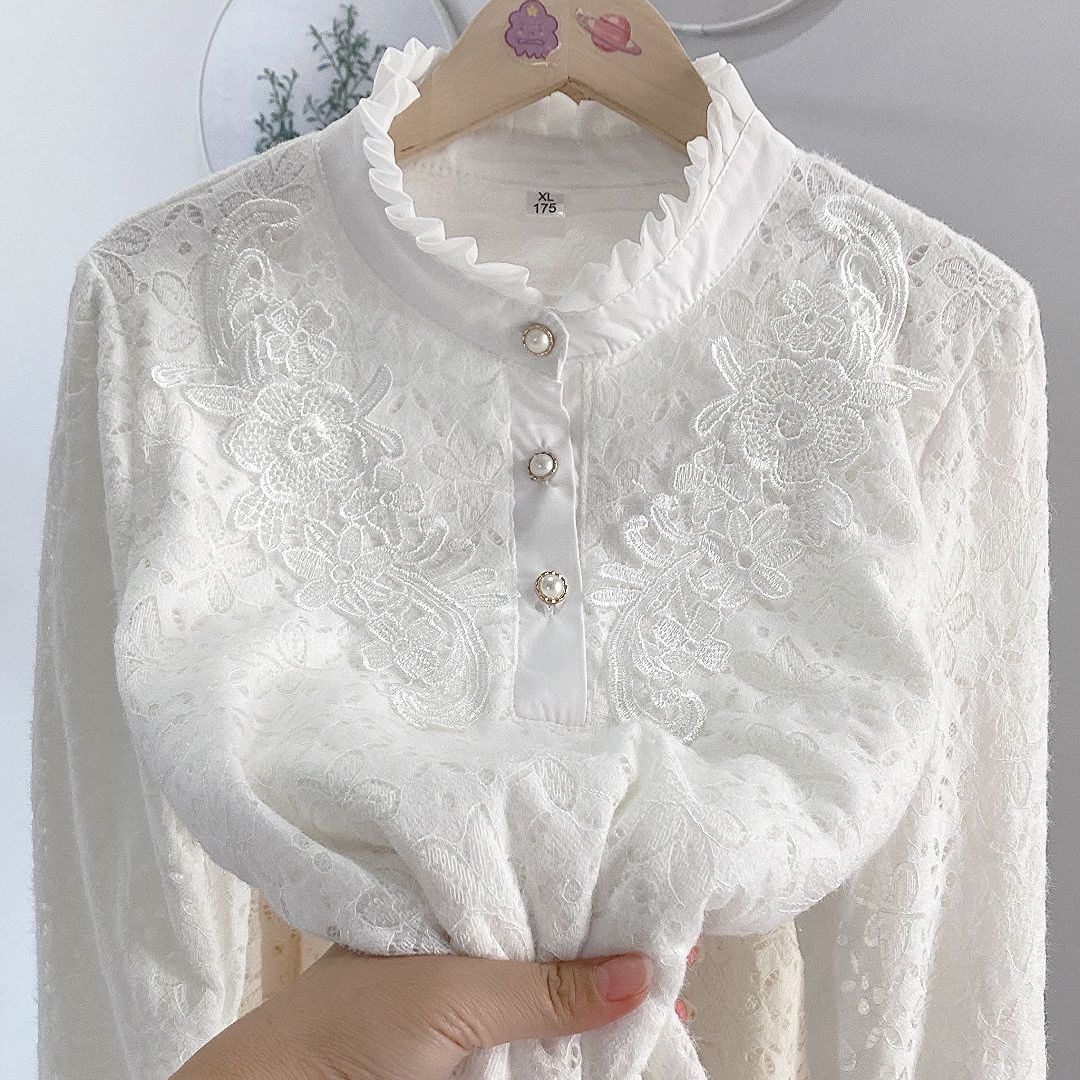 蕾丝立领木耳边衬衣小香风显瘦遮肉减龄名媛上衣加绒打底衫女衬衫