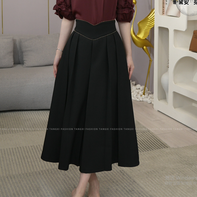 唐熹现货2025年秋季新款【2524】气质高腰遮肉显瘦黑色a字半身裙子