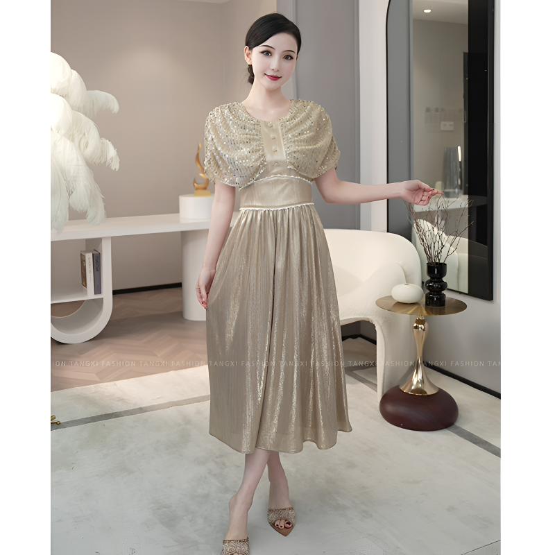 现货2025夏季新款【DD-6203】时尚香槟色气质法式礼服连衣裙子女士