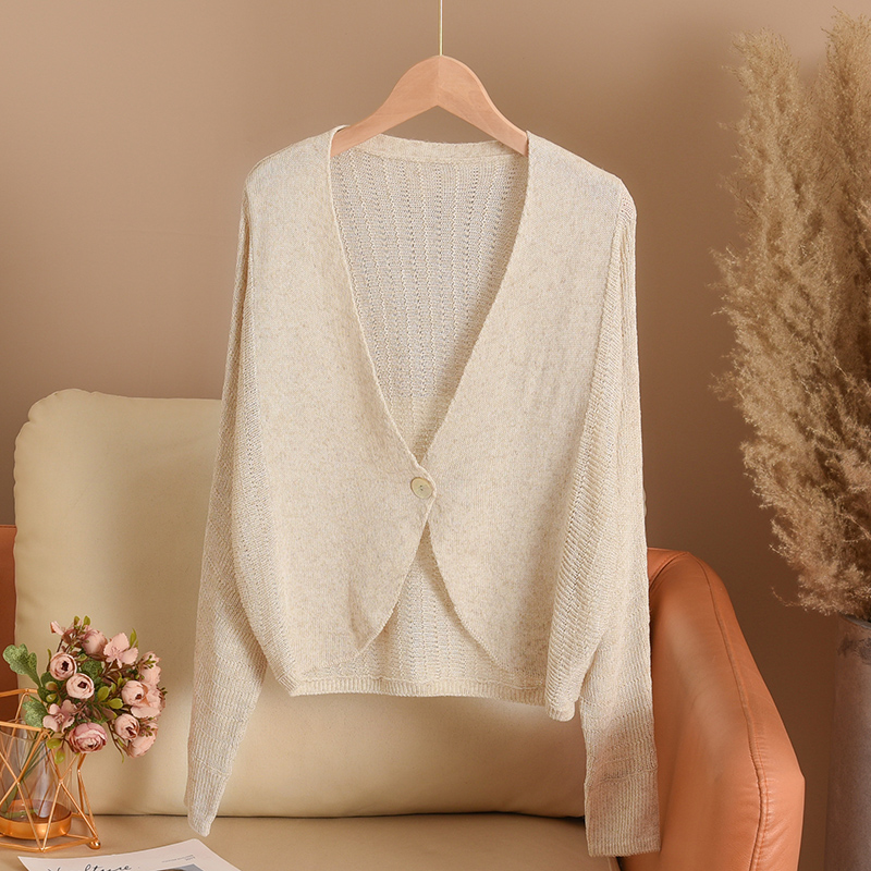 小燕子开衫 天丝亚麻外搭防晒针织上衣V领蝙蝠袖镂空罩衫外套女夏