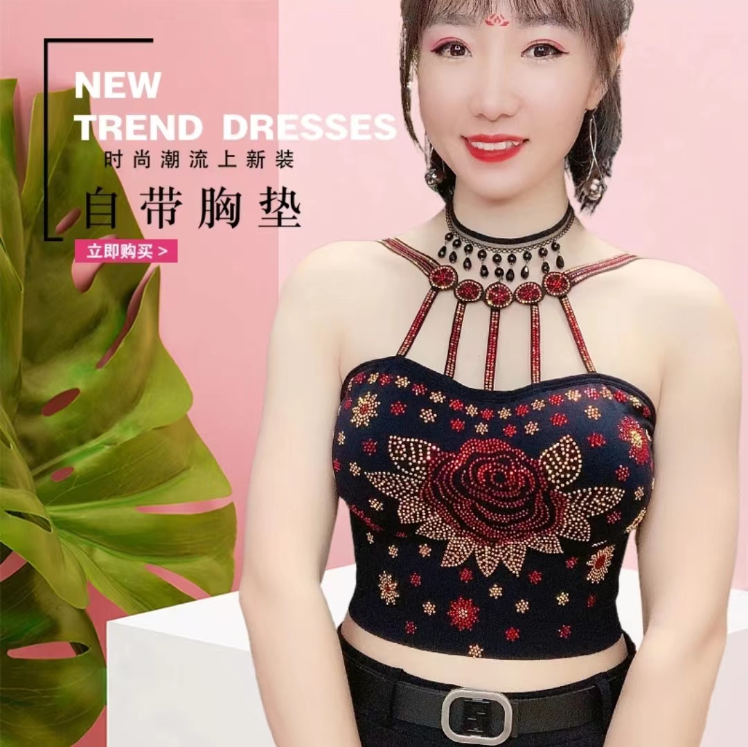 新款短款玫瑰花烫钻吊带美背春夏女士防走光聚拢百搭时尚打底背心
