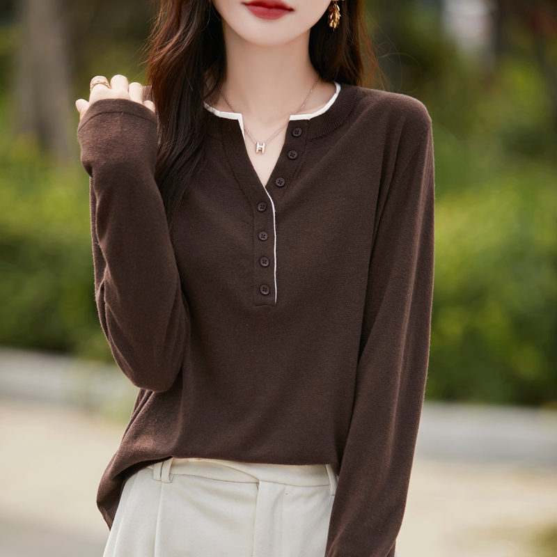 秋季新款半开领撞色圆领套头精纺羊毛衫女长袖薄款纯色上衣ns3276