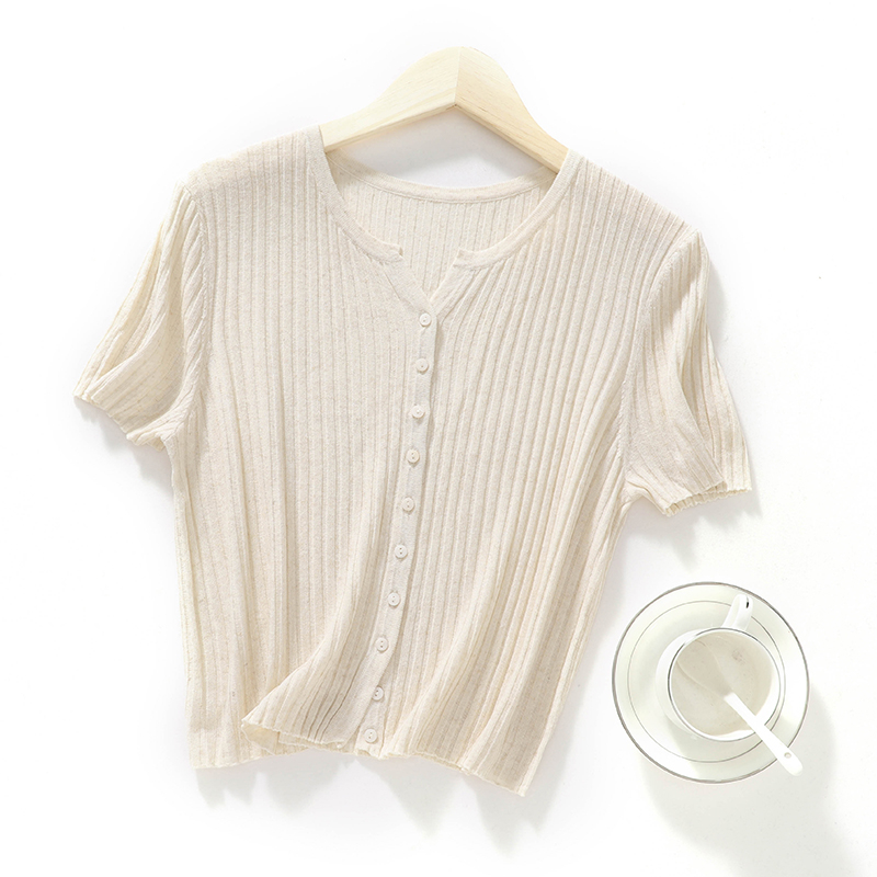 夏季亚麻针织短袖开衫女薄剪刀V领小衫宽松显瘦坑条短款上衣DY502