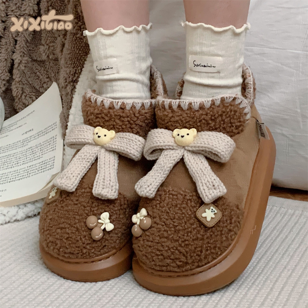 细细条 新款短筒靴加绒加厚时尚室外可爱卡通蝴蝶结雪地靴女冬ins