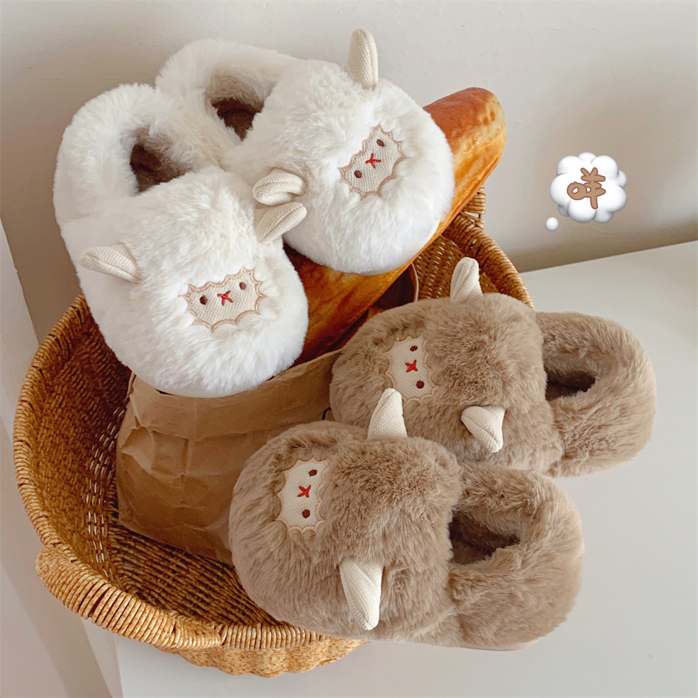 细细条 ins可爱小羊亲子保暖毛毛鞋时尚百搭毛绒保暖棉拖鞋冬季