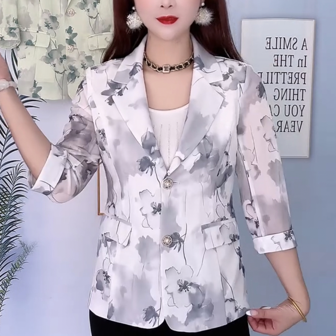 2025西装夏季外套新款时尚印花气质薄款妈妈显瘦遮肉大码西服上衣