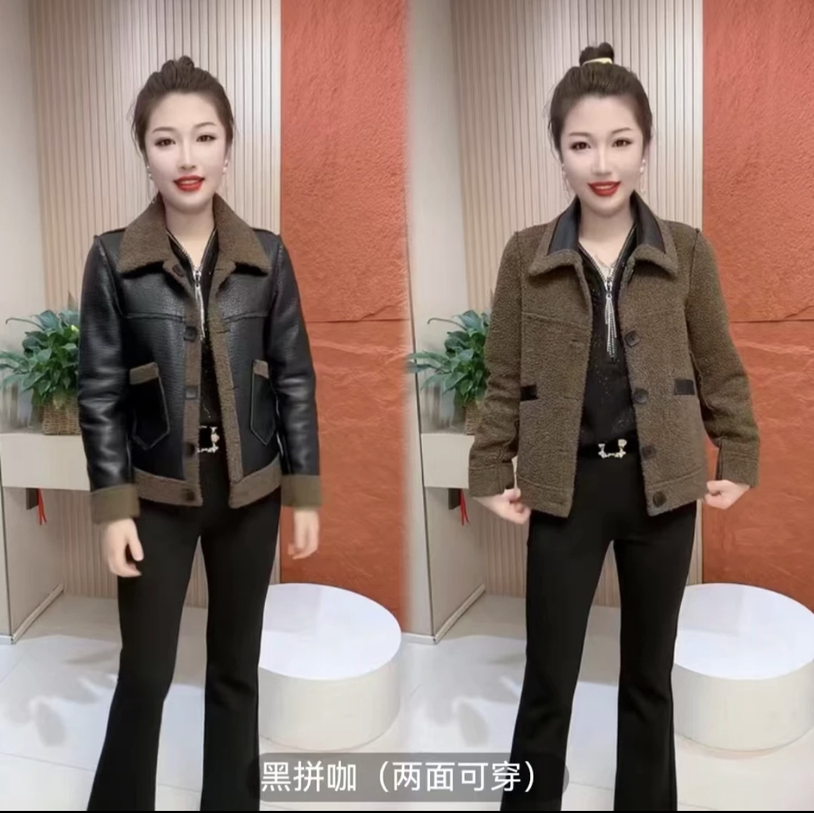 气质高档时尚皮毛一体外套女秋冬新款宽松显瘦洋气减龄两面穿上衣