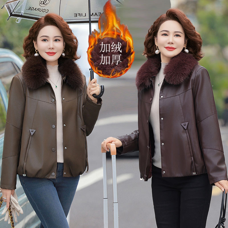 秋冬季pu皮衣外套女宽松小个子加绒中年妈妈装新款2025爆款夹克短