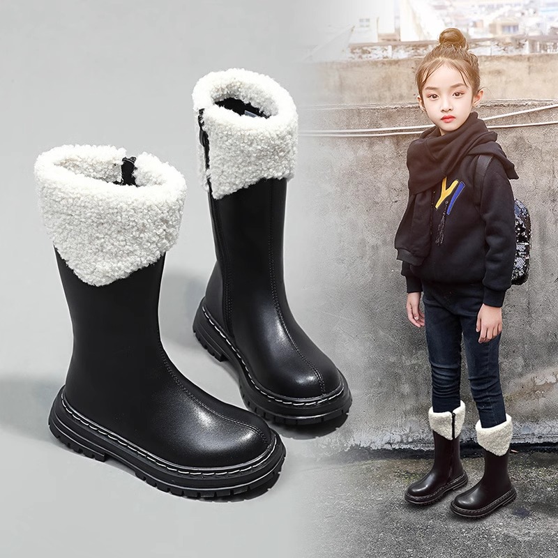 新百伦女童皮靴子2025秋冬新款长筒加绒靴中大童高筒靴雪地棉靴