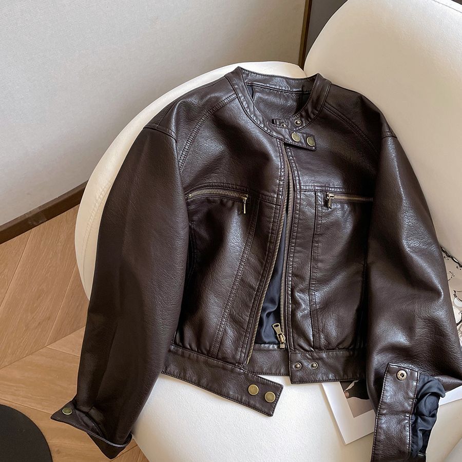 2025春季新款皮衣外套港风复古机车上衣小个子短款时尚宽松皮夹克