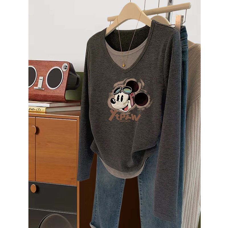 欧货2024秋冬季新款假两件长袖T恤女收腰显瘦减龄百搭上衣打底衫