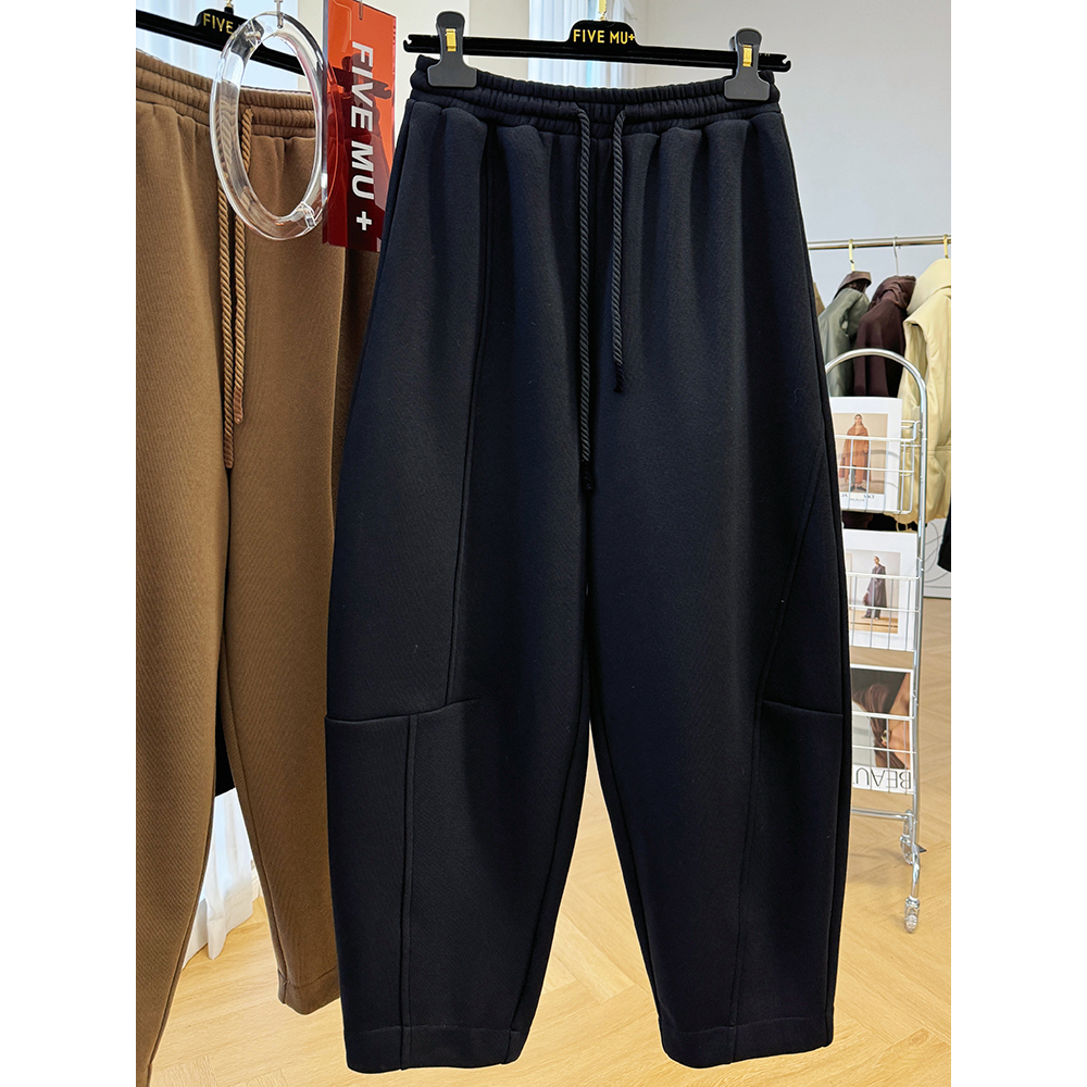 240斤大码胖妹妹加绒一体绒松紧腰抽绳休闲裤女冬九分哈伦裤裤子