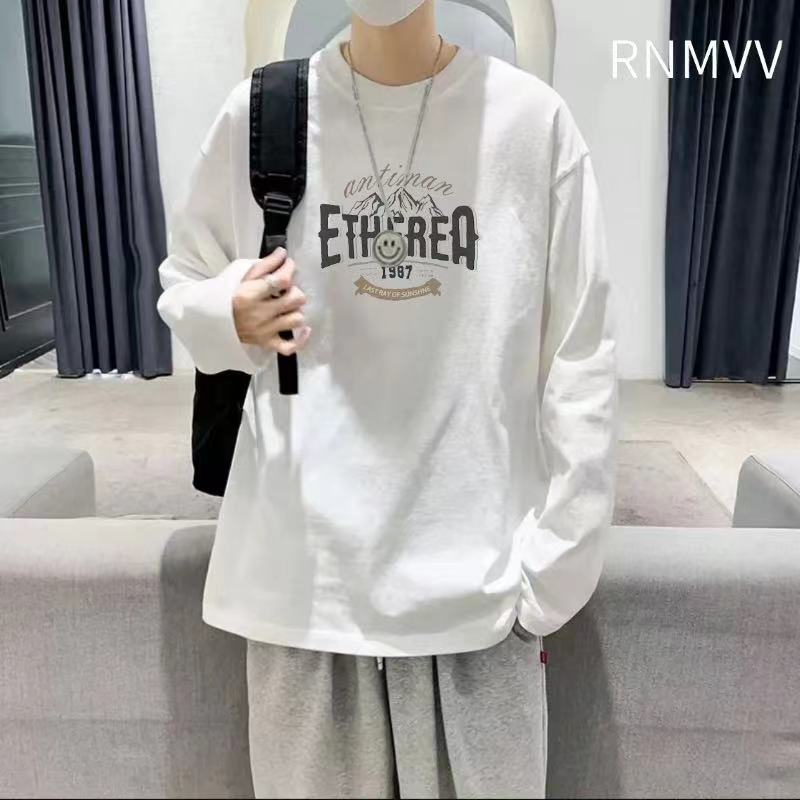 100%纯棉长袖恤男春秋新款港风潮流宽松百搭休闲帅气打底潮牌上衣