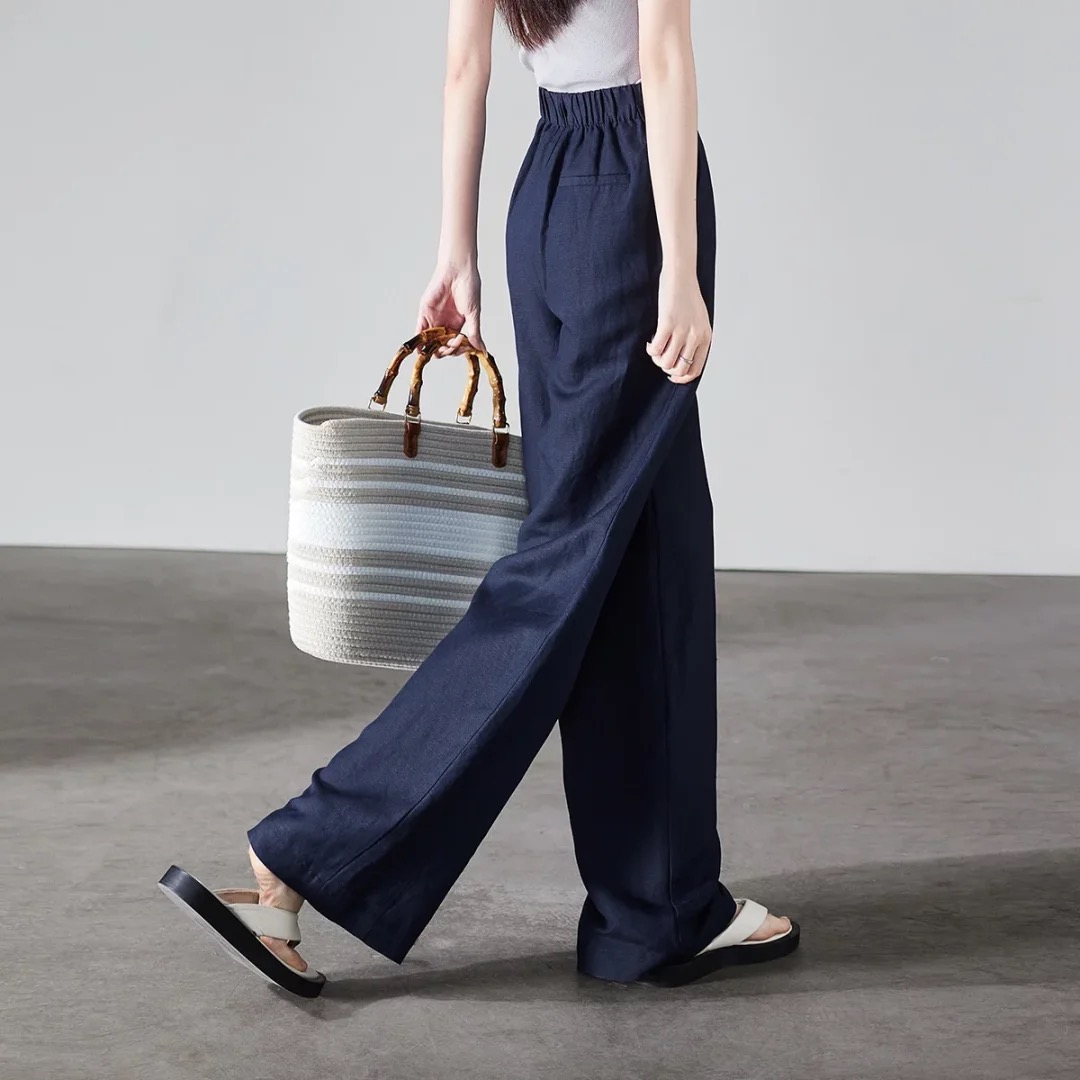 纯天然100%亚麻裤腿女士长裤2025年春夏季高腰松紧垂感阔腿直筒裤