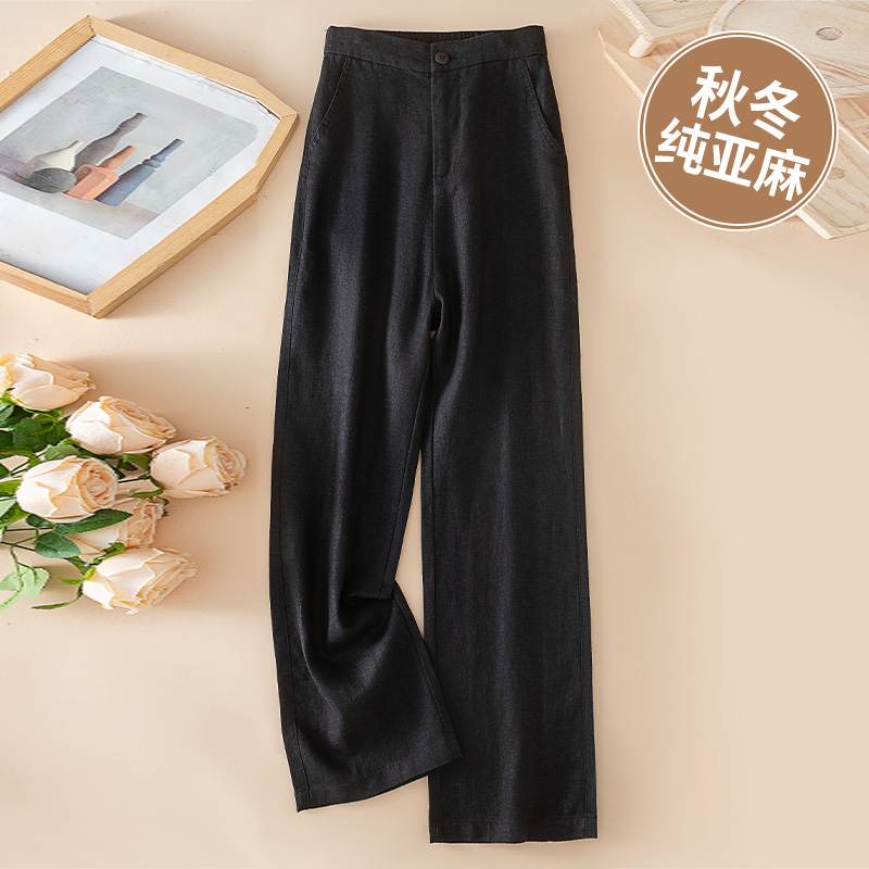 春秋100%纯亚麻阔腿裤女2025年新款棉麻高腰宽松直筒黑色棉麻长裤