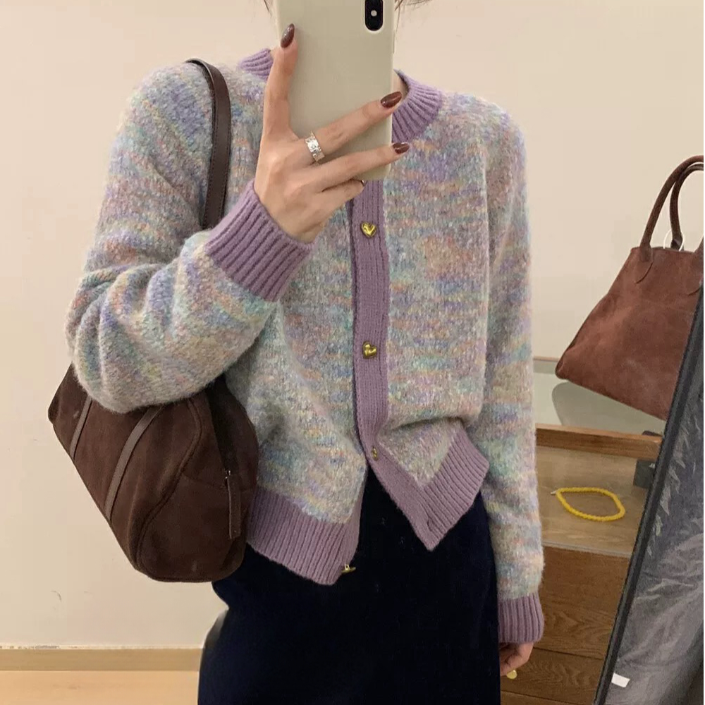 温柔感绝美小香风花纱紫色圆领开衫针织衫慵懒风宽松软糯外套秋新