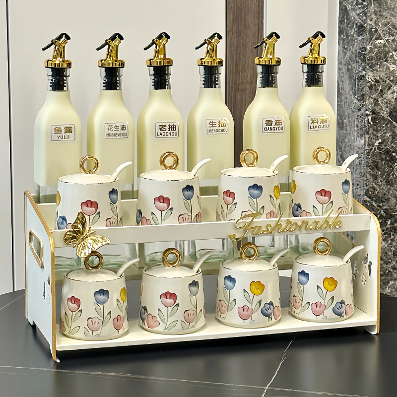 粤秀新款调味罐轻奢家用厨房陶瓷调料品油盐酱醋瓶调料盒置物架