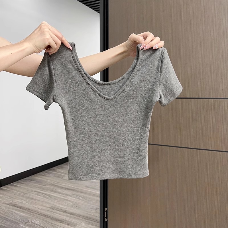 小婉薇  春夏新款打底可外穿U型领收腰短上衣修身显瘦甜妹短袖女