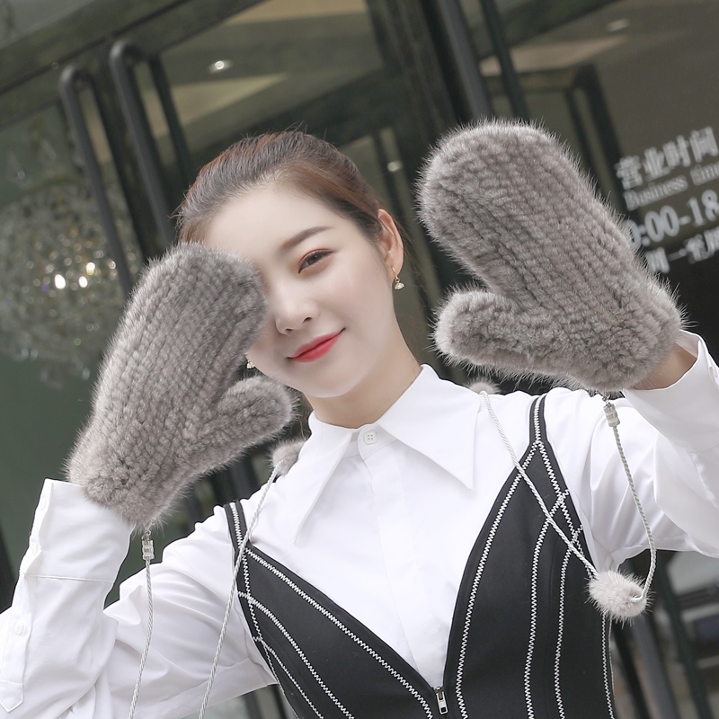 水貂毛手套冬季韩版皮草编织挂绳全指手套保暖可爱女加密连指手套